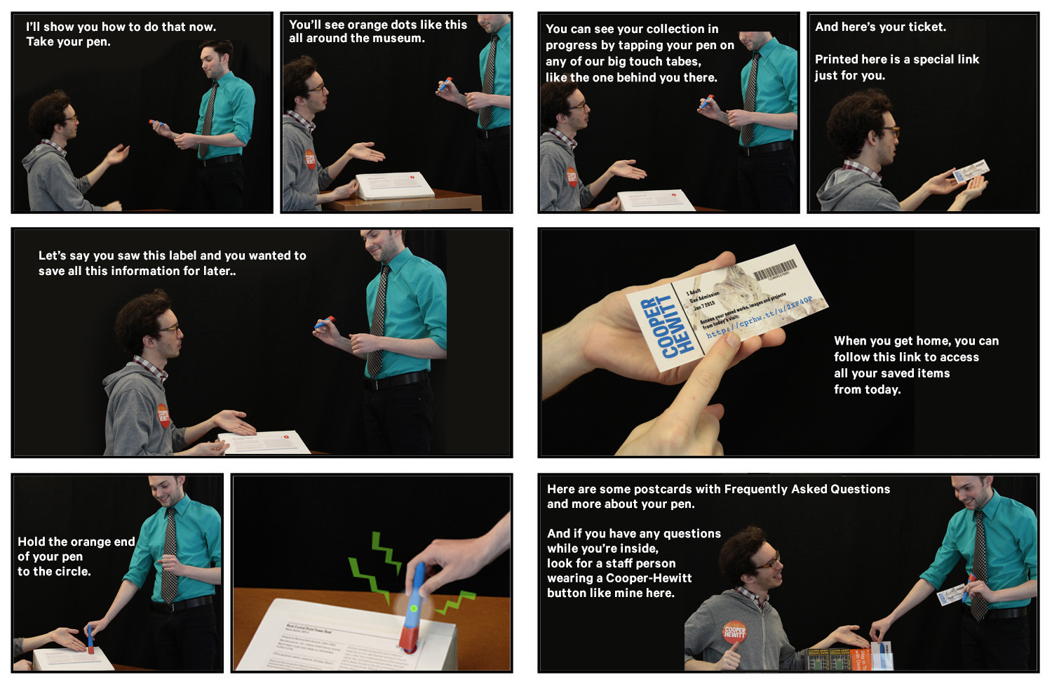 Storyboard showing the proposed front-desk introduction to the Pen and the visitor’s post-visit collection